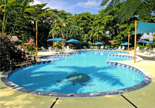 The resort pool framed by palms